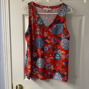 LOFT Red Floral V-Neck Sleeveless Blouse